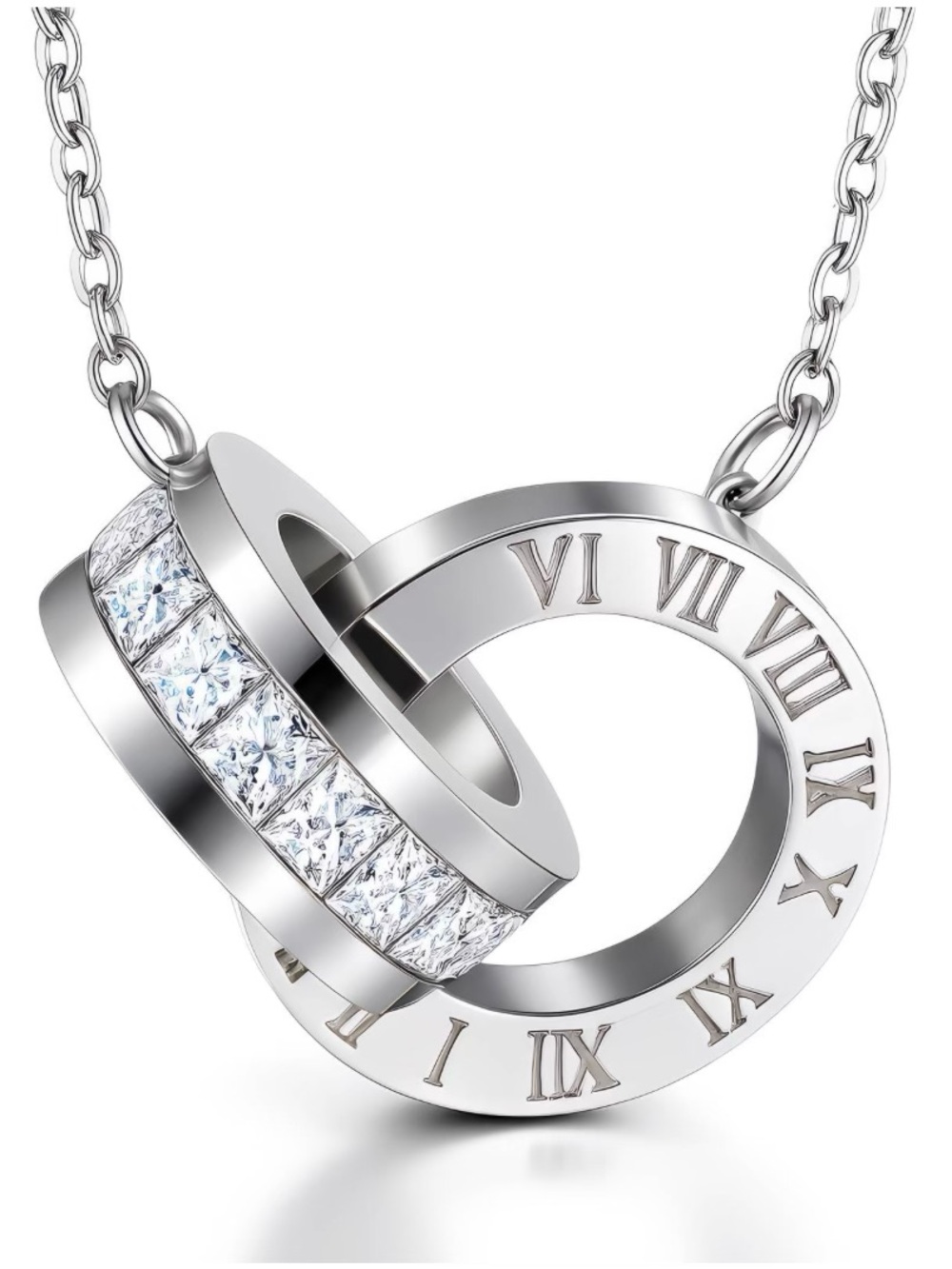Sterling Silver Roman Numeral Interlock Necklace with Clear Stones